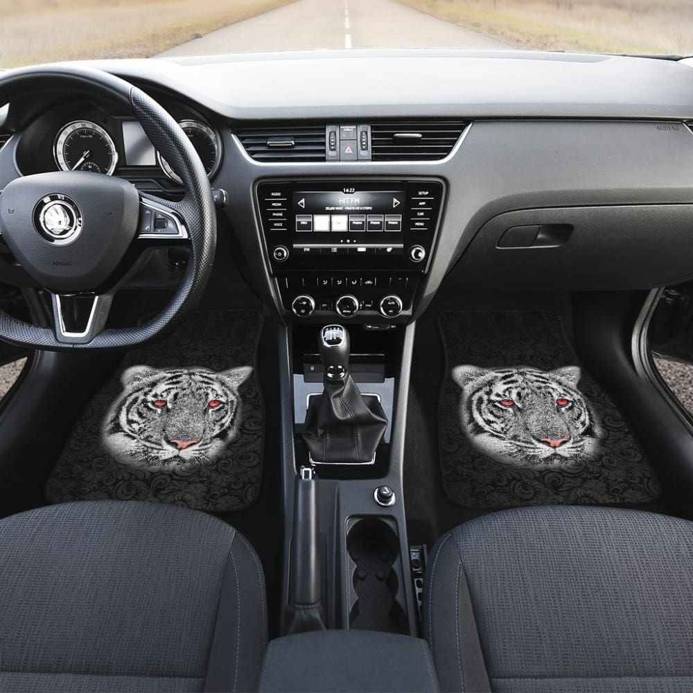 White Tiger Red Eyes Amazing Black Background Car Floor Mats