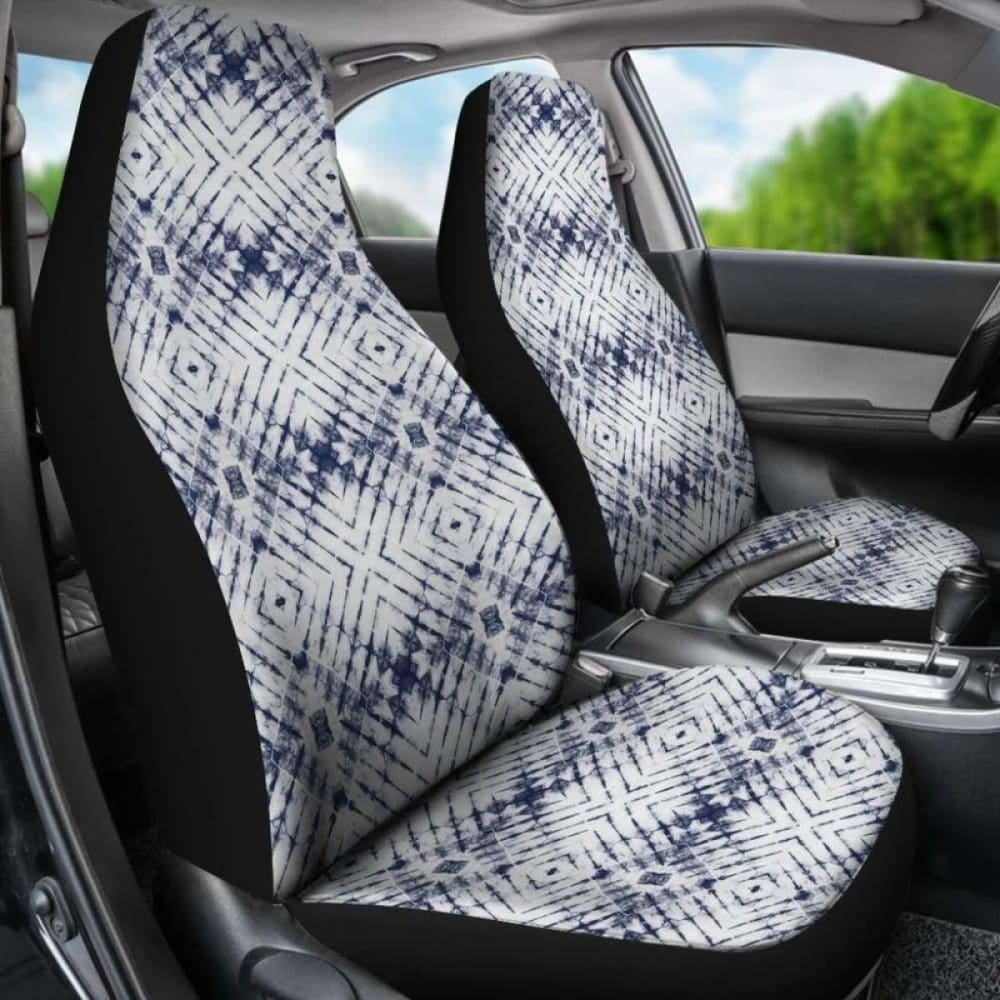White With Faded Grungy Navy Blue Tie Dye Pattern Car Seat Covers