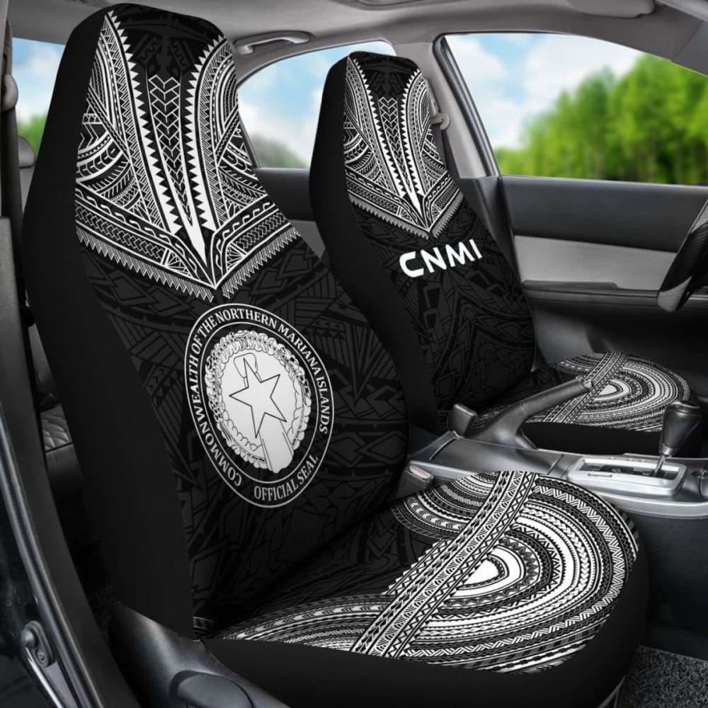 Northern Mariana Islands Car Seat Cover - C N M I Seal Polynesian Chief Tattoo Black Version -