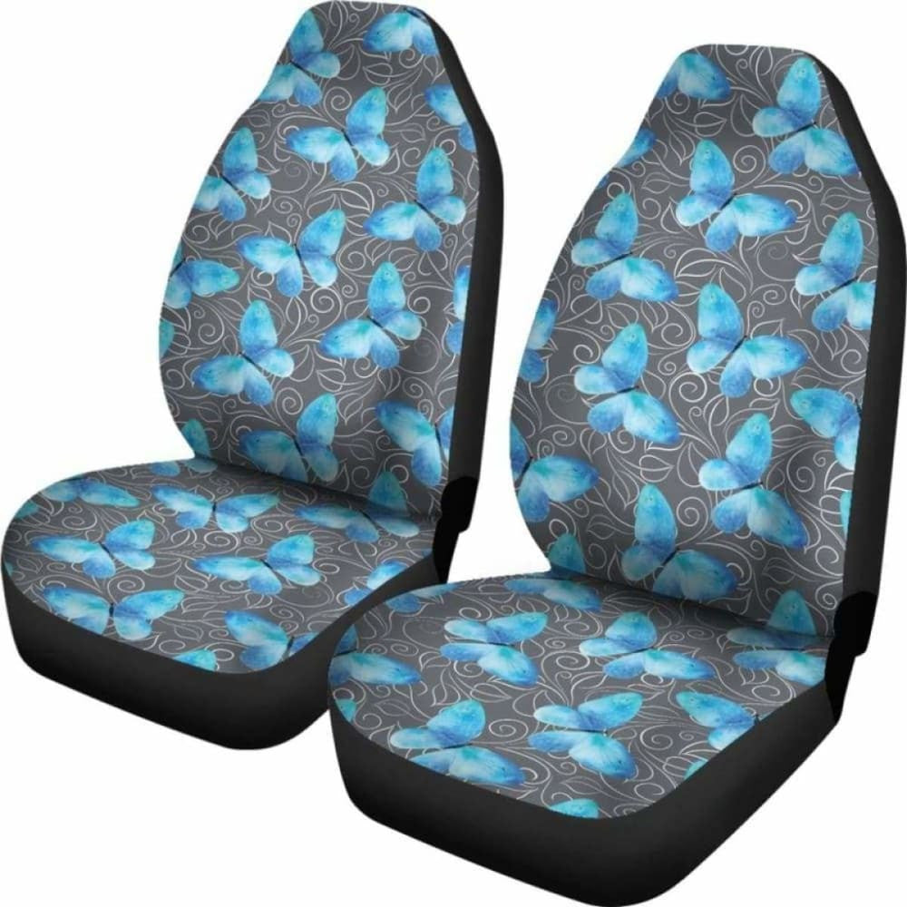 Dark Gray White Leaves Background With Blue Butterfly Car Seat Covers