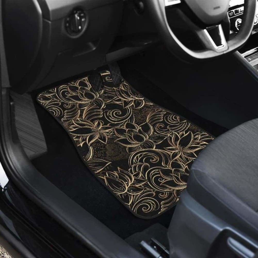 Luxurious Gold Lotus Waterlily Black Background Front And Back Car Mats