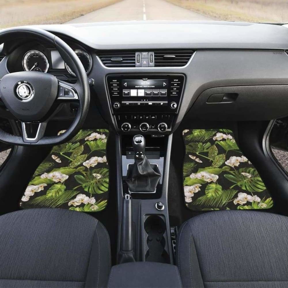 White Orchid Flower Tropical Leaves Pattern Blackground Front And Back Car Mats