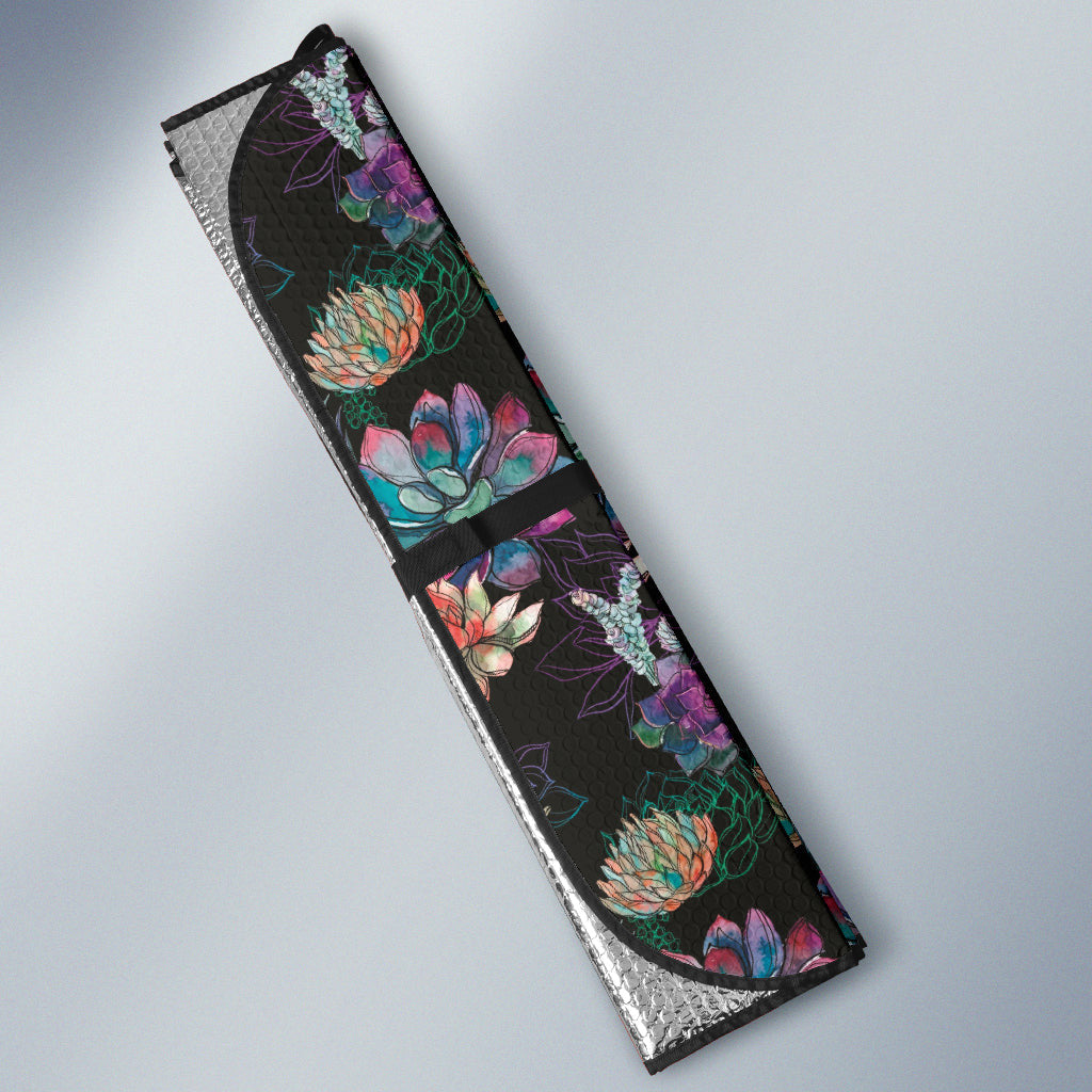 Succulent Colorful Black Background Watercolor Car Auto Sun Shades