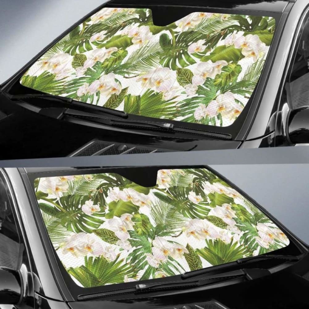 White Orchid Flower Tropical Leaves Pattern Car Auto Sun Shades