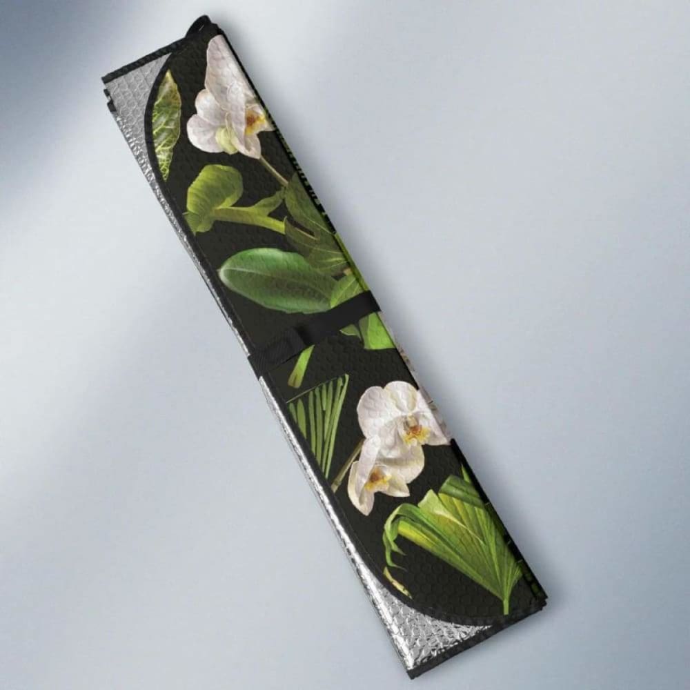 White Orchid Flower Tropical Leaves Pattern Blackground Car Auto Sun Shades
