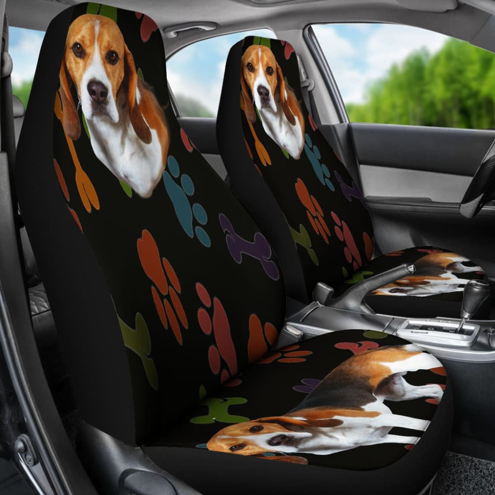 Adorable Beagle Car Seat Covers Black With Multicolor Paws