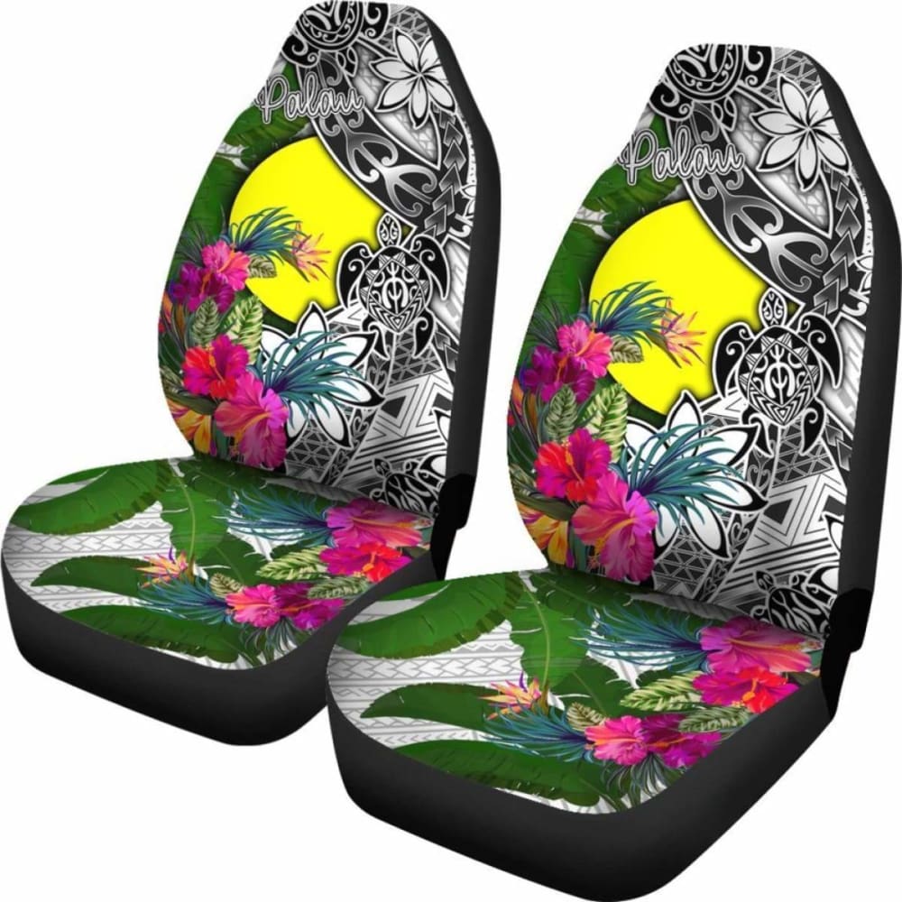 Palau Car Seat Covers White - Turtle Plumeria Banana Leaf -