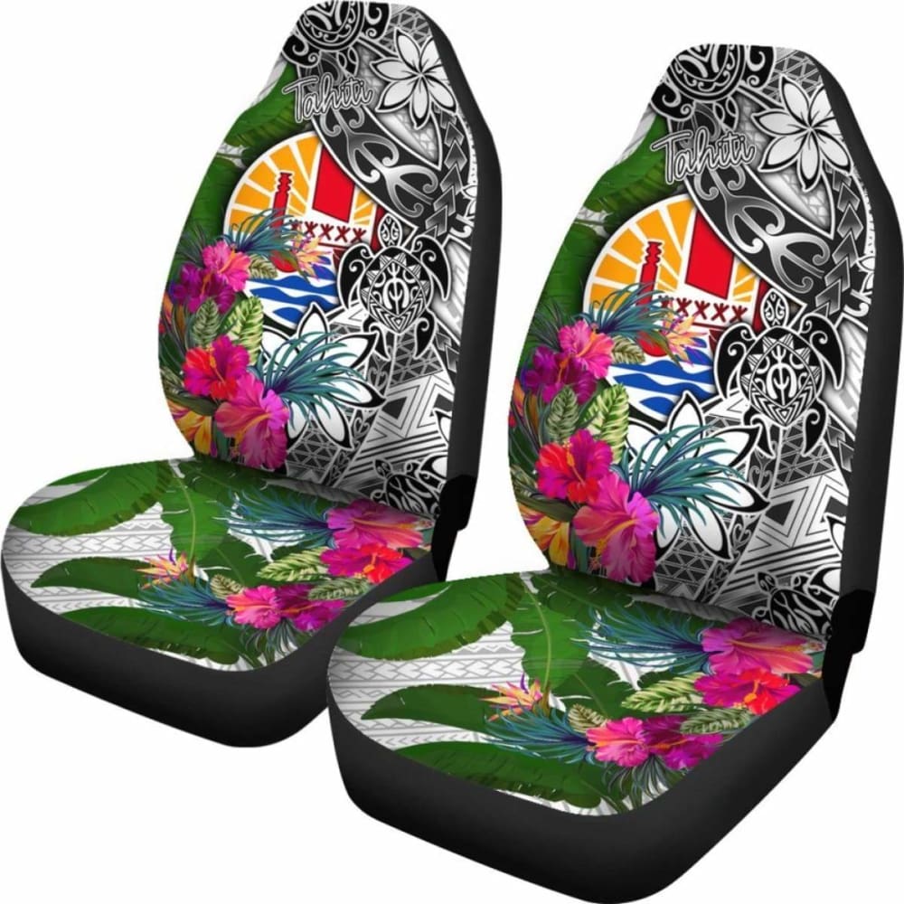 Tahiti Car Seat Covers White - Turtle Plumeria Banana Leaf -