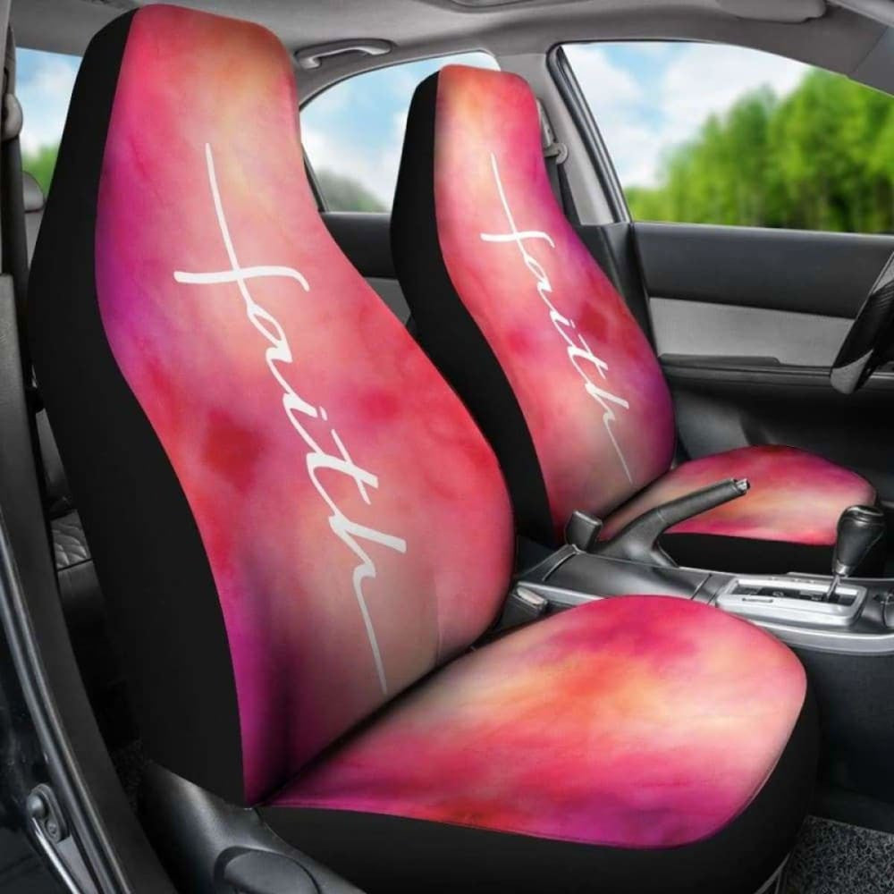 Faith Word Cross In White On Pink Watercolor Car Seat Covers Religious Christian Themed