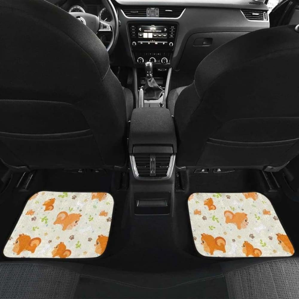 Cute Brown Pomeranian Paw Leave Bone Pattern Front And Back Car Mats