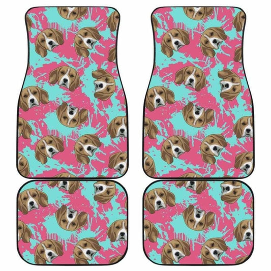 Beagle Muzzles Turquoise Paint Splashes Pink Pattern Front And Back Car Mats