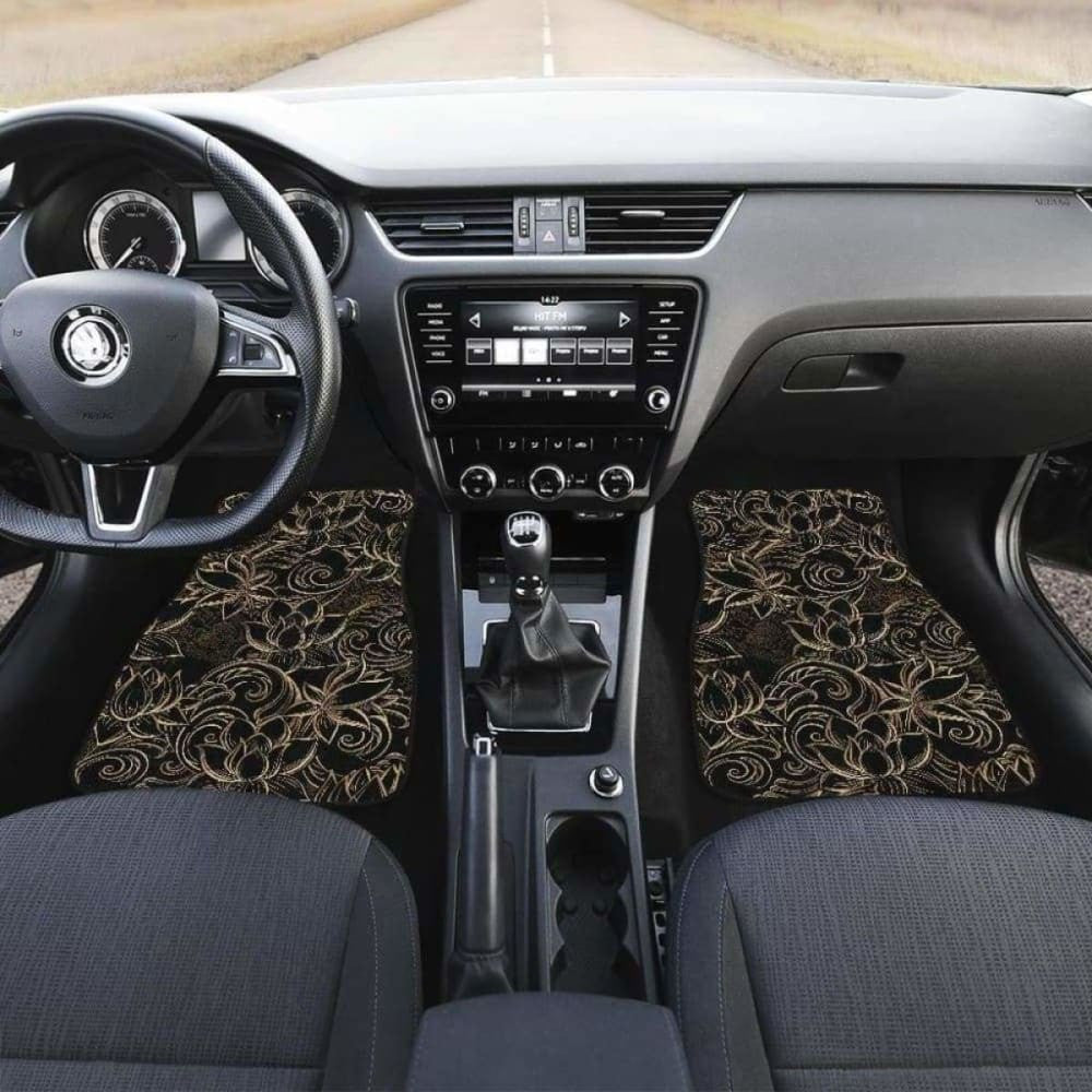 Luxurious Gold Lotus Waterlily Black Background Front And Back Car Mats