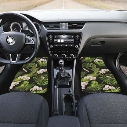 White Orchid Flower Tropical Leaves Pattern Blackground Front And Back Car Mats