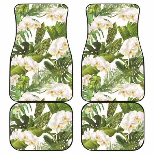 White Orchid Flower Tropical Leaves Pattern Front And Back Car Mats