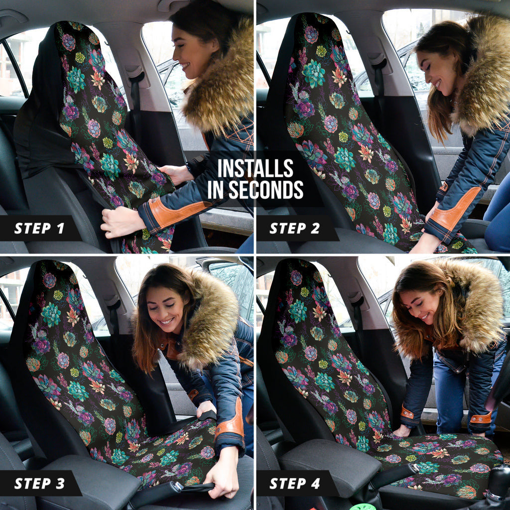 Succulent Colorful Black Background Watercolor Car Seat Covers