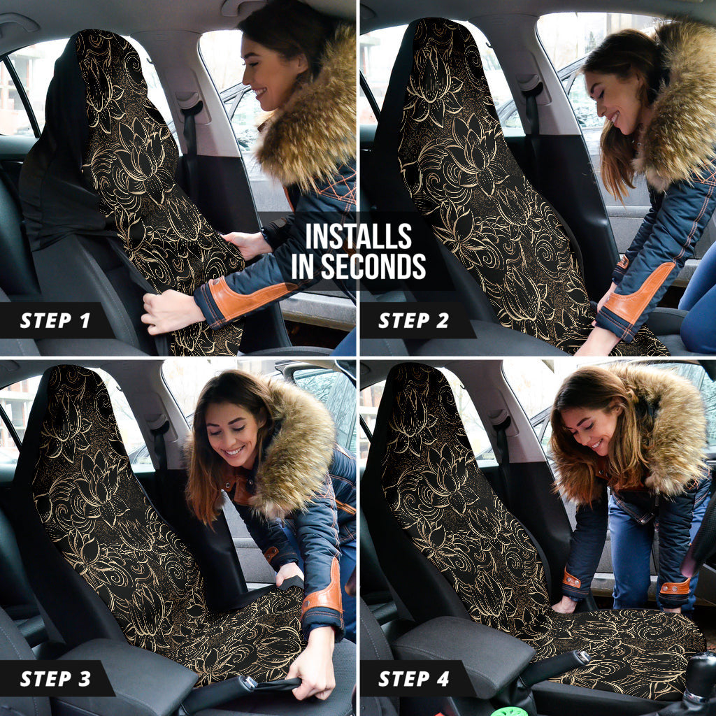Luxurious Gold Lotus Waterlily Black Background Car Seat Covers