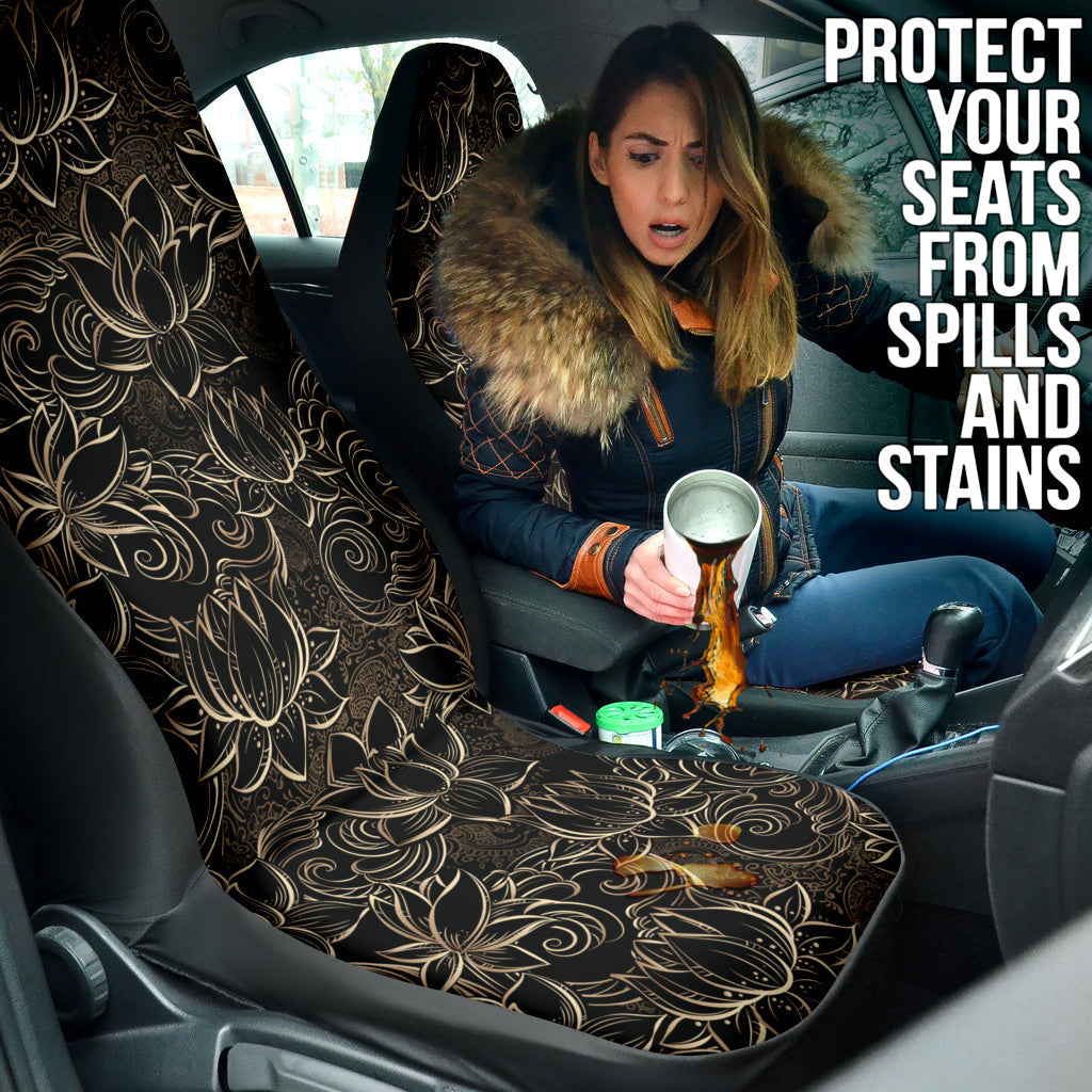 Luxurious Gold Lotus Waterlily Black Background Car Seat Covers