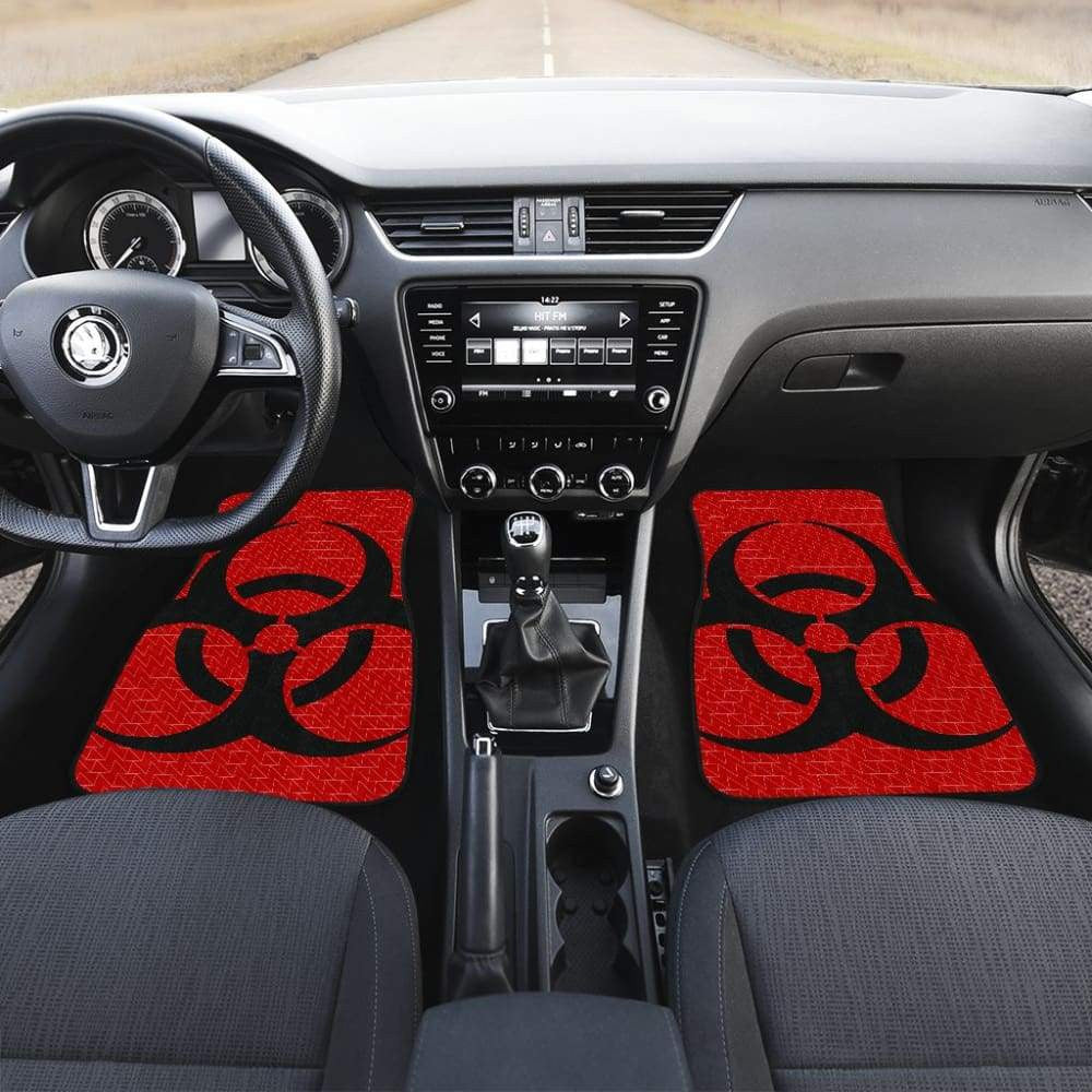 Black Biohazard Sign Red Background Car Floor Mats