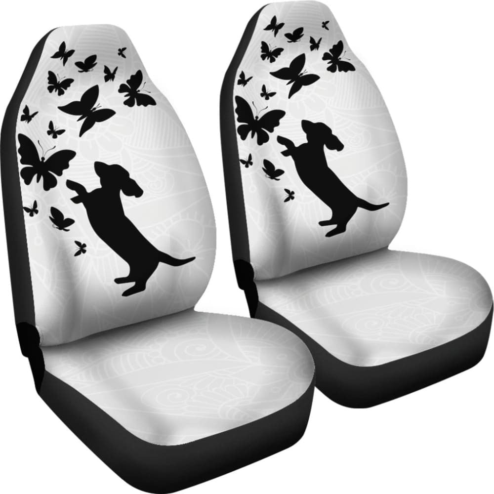 Silhouette Happy Dachshund Playing With Butterlies Car Seat Covers
