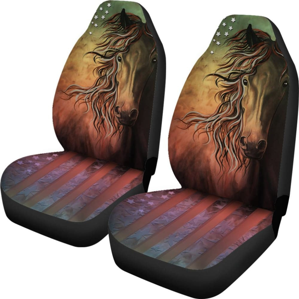 Abstract Horse Usa Flag -Universal Front Seat Covers Protection Decoration