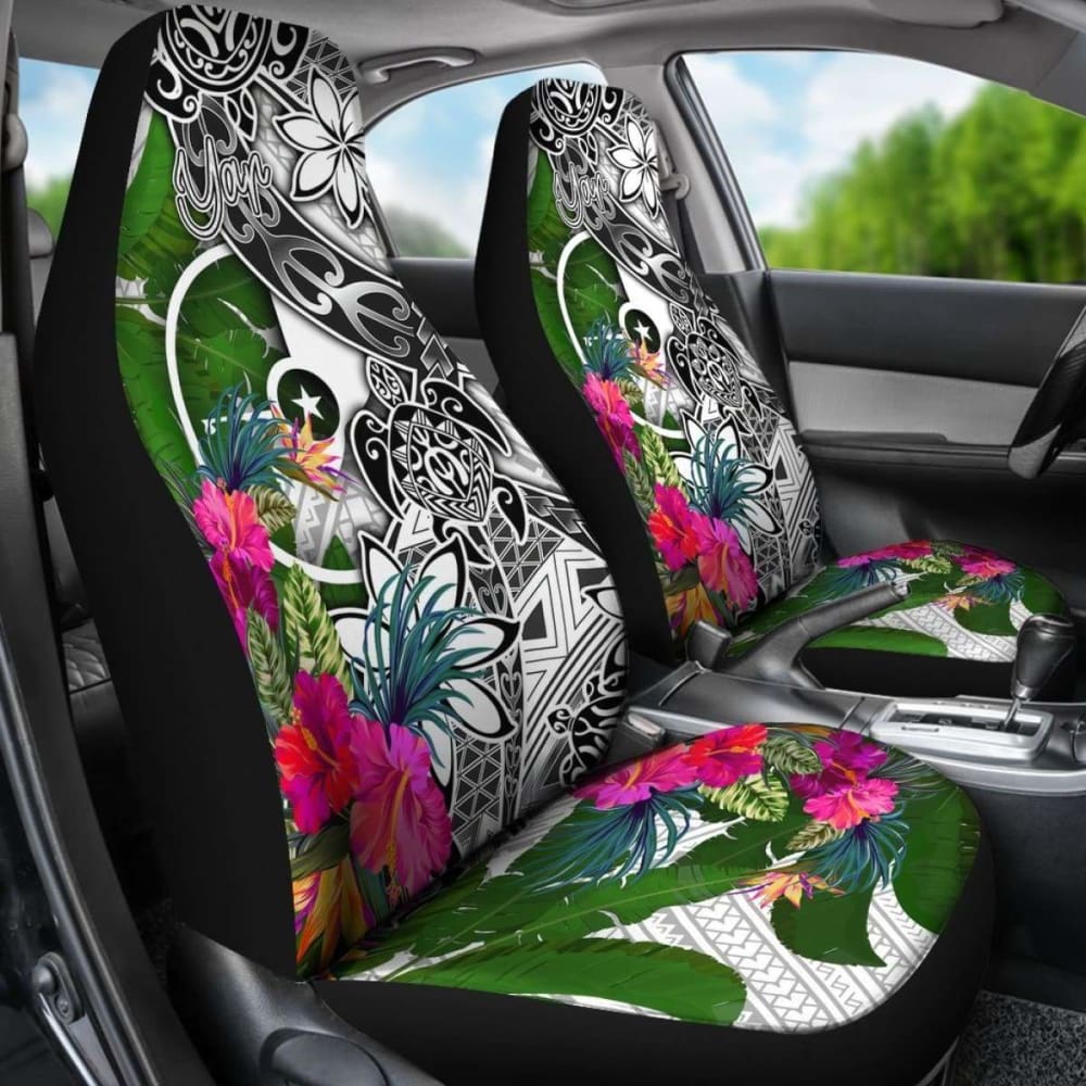 Yap Car Seat Covers White - Turtle Plumeria Banana Leaf -