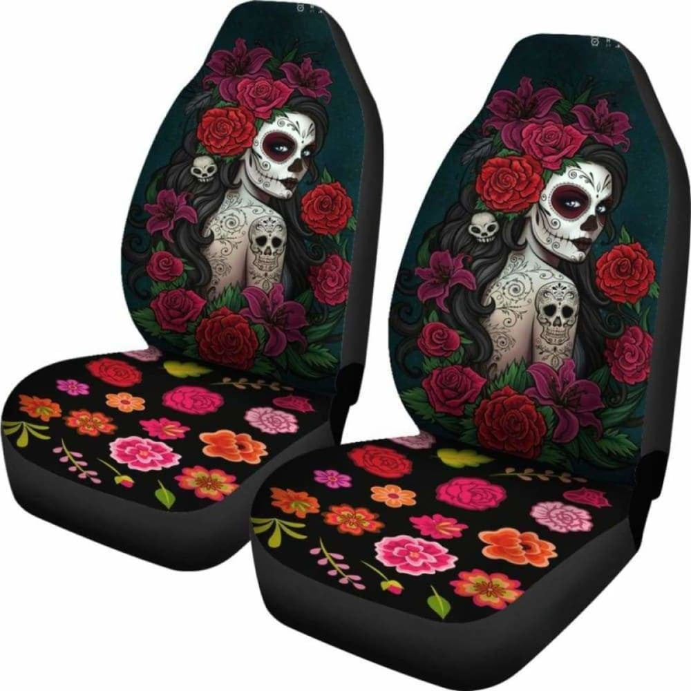 Set Of-Sugar Skull Girl - Day Of The Dead Car Seat Covers