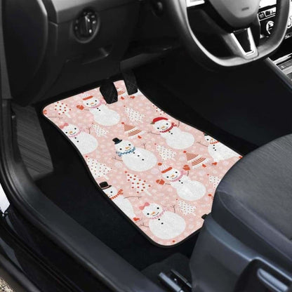 Cute Snowman Christmas Tree Snowpink Background Front And Back Car Mats